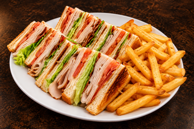 Turkey Club Sandwich With Fries.