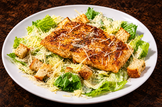 Caesar Salad with Grilled Salmon.