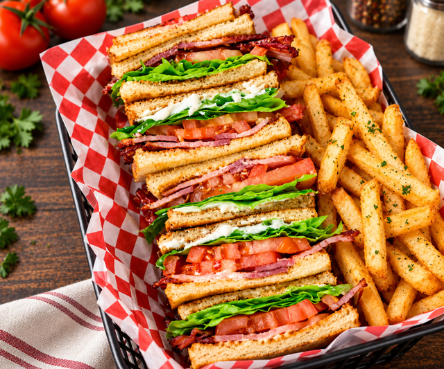 BLT Club Sandwich With Fries.